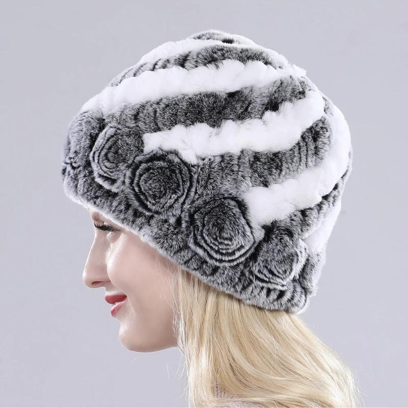 Hot Sell Women Winter Knitted Real Rex Rabbit Fur Hat Fluffy Natural Rex Rabbit Fur Cap Lady Good Elastic Genuine Fur Hats