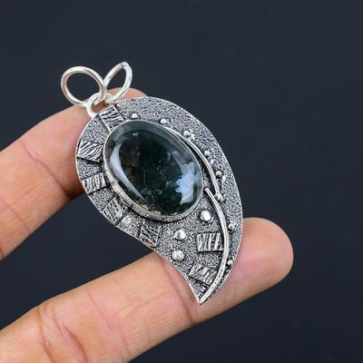 Anniversary Gift For Her Natural Solar Moss Agate Gemstone Pendant 925 Silver