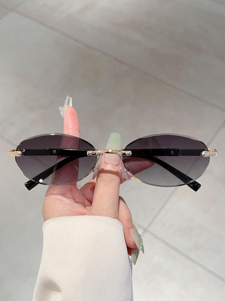 Trendy Cut Edge Personalized Oval Frame Sunglasses New Frameless Spicy Girl Hip-hop Sunglasses Metal WOMEN'S Sunglasses MEN'S Sunglasses