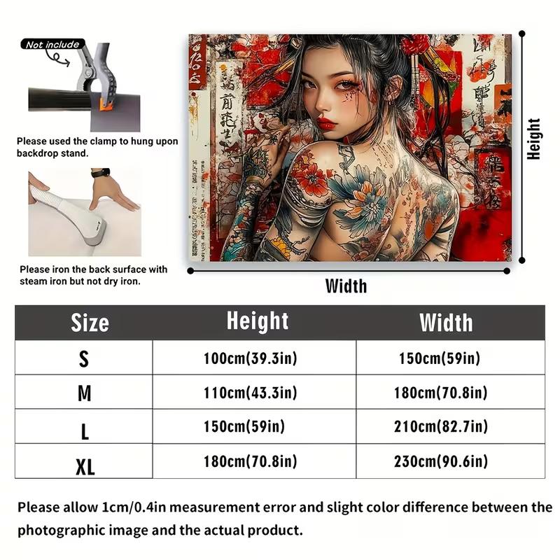 2D Yakuza Style Geisha Tapestry, Tattooed Woman with Cherry Blossom Print Wall Hanging