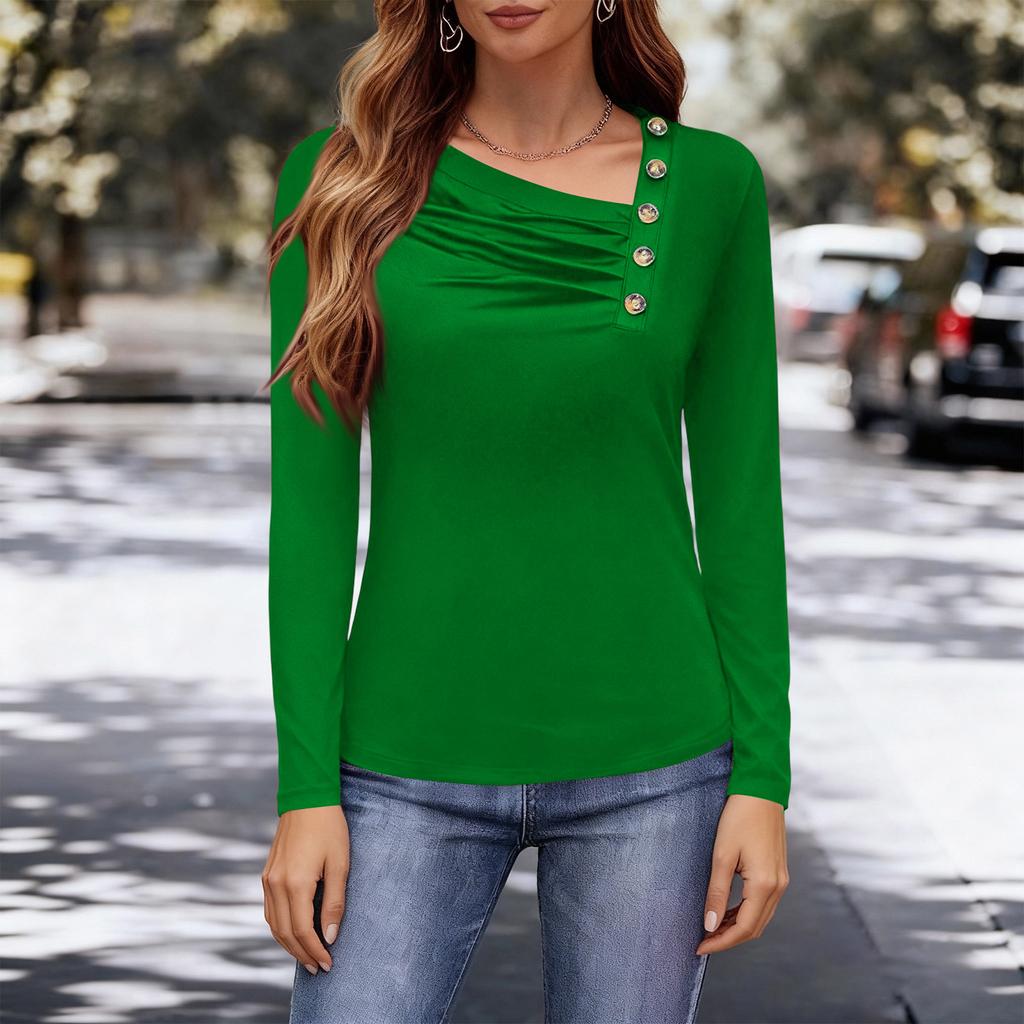 Damen Modisches Lässiges Asymmetrisches Kragen Knopf T-Shirt, Milchseide Langarm Oberteil