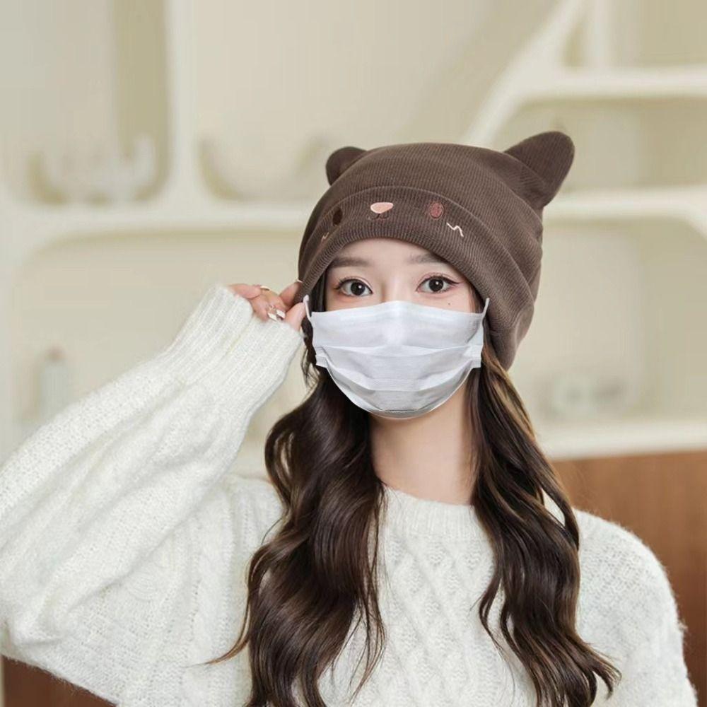 Solid Color Knitted Hats Cat Ear Pullover Beanie Caps Cute Skull Cap