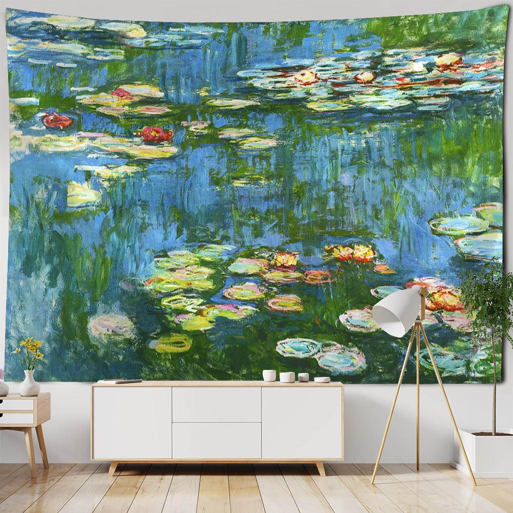 Retro oil painting, water lily print, tapestry, flower and plant wall hanging, home decoration, abstract aesthetic tapestry