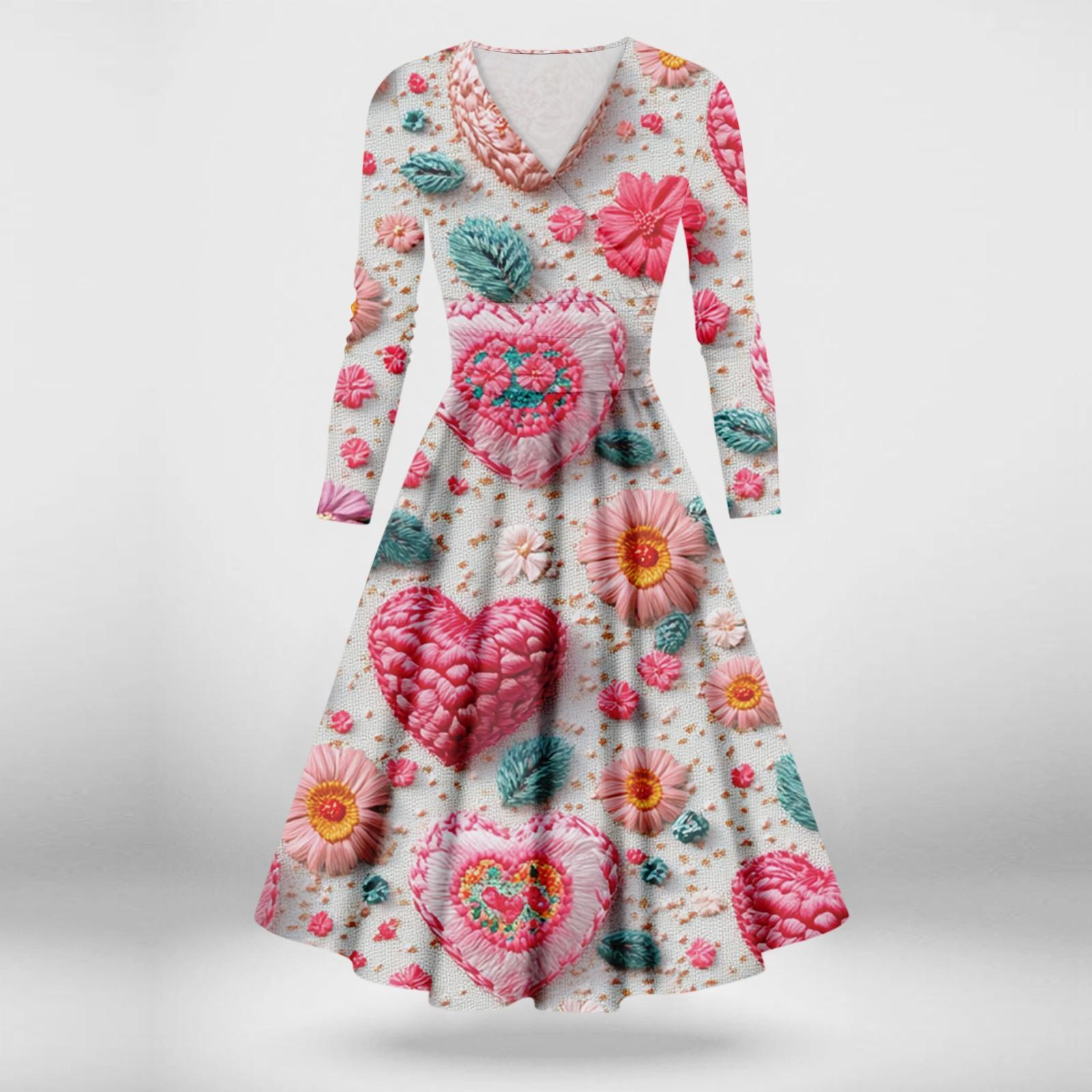 

Женское модное повседневное платье с принтом ко Дню святого Валентина, длинными рукавами и V-образным вырезом, сексуальное платье L горячий розовый