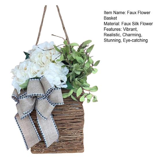 Faux Hydrangea Door Hanger Basket Wreath Spring Summer Artificial Flower in Wicker Basket with Bow Front Door Hanging Flower Basket for Home Farmhouse