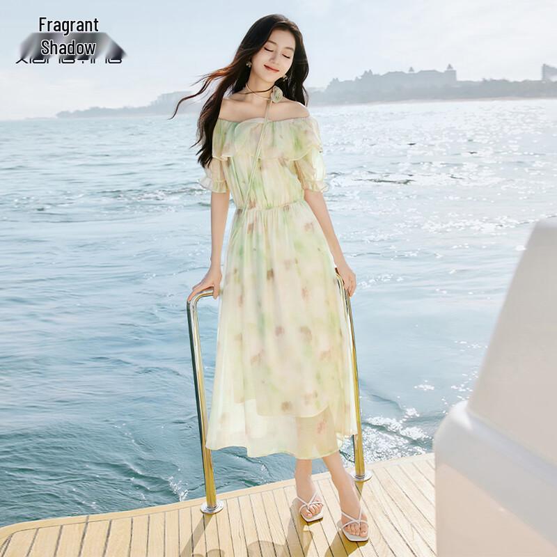 Xiangying Off-Shoulder Ruffle A-Line Midi Dress L