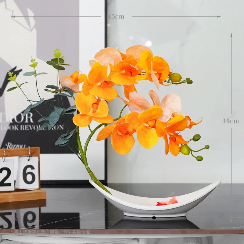 Simulated Butterfly Orchid Ceramic Flowerpot Fake Flower Set Decoration Home Livingroom Entrance Desktop Bonsai Ornaments Crafts