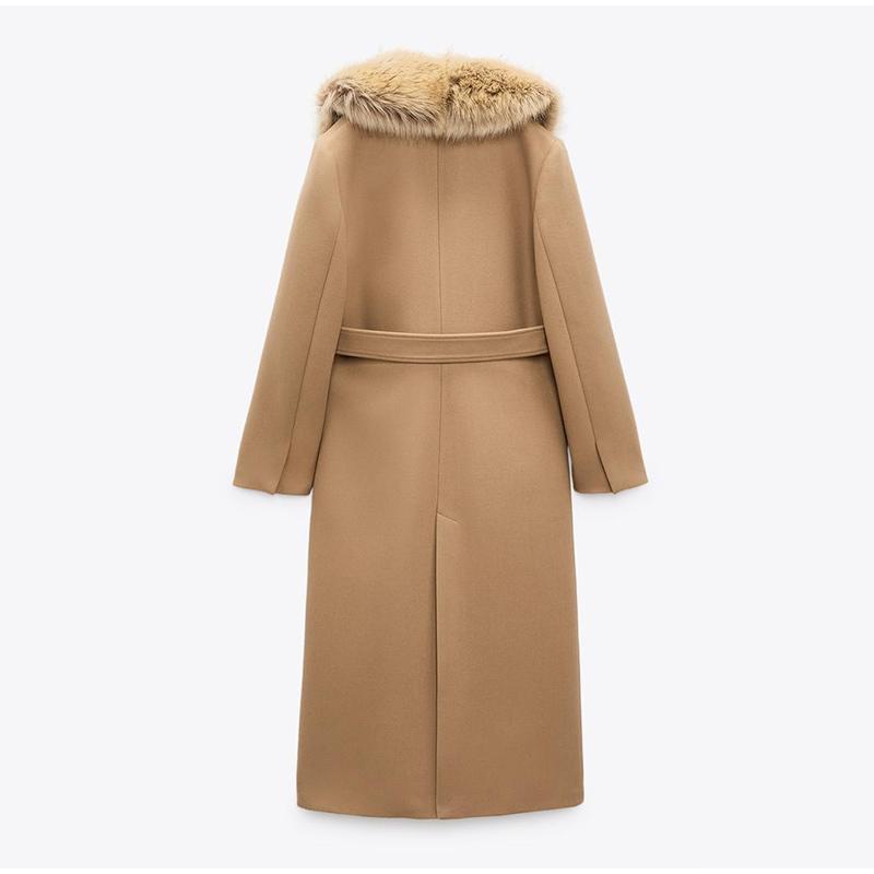 Elegante cappotto lungo con revers in pelliccia da donna con lacci, manica lunga, tascabile, in lana, lungo soprabito 2025, nuovo capospalla da donna di alta moda