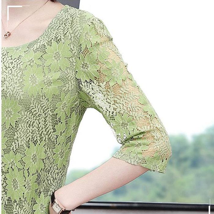 Lace Shirt Top Women's Three-quarter Sleeve Summer Hollow Large Size Mid Length Lace Blouse Solid Color Mesh Top