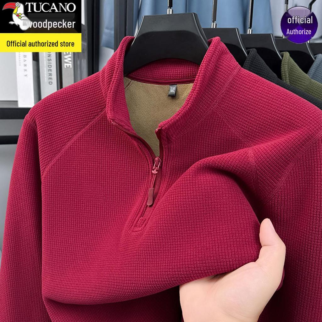 Woodpecker Men's Thick Velvet Fleece Hoodie with Half-Zip and Stand Collar for Autumn/Winter 2025