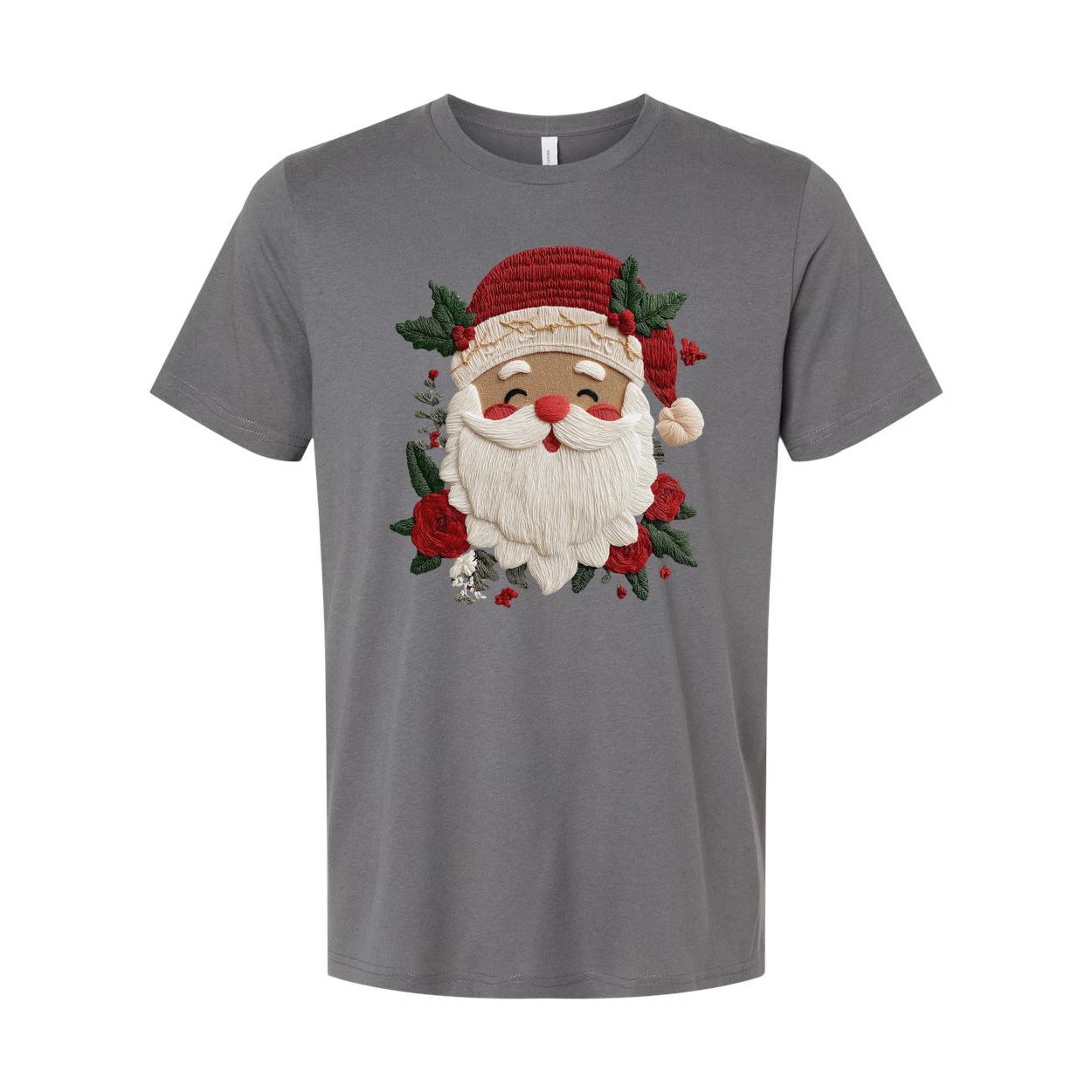 

Unisex Christmas T Shirt With Santa Claus Face And Floral Holly Motifs 4XL