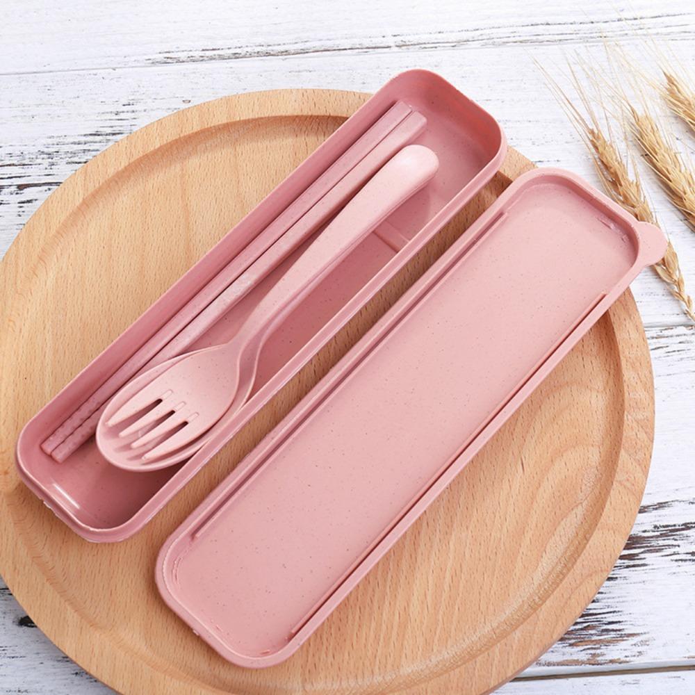 New Plastic Cutlery Set Simplicity With Storage Box Fork And Chopsticks Set Portable Wheat Straw Tableware