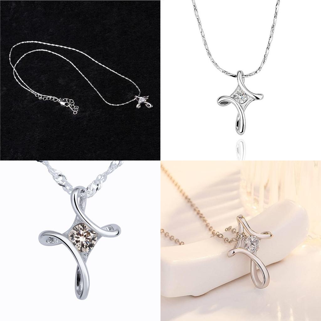 Geometric Silver Cross Pendant Necklace With Zirconia For Romantic Couples