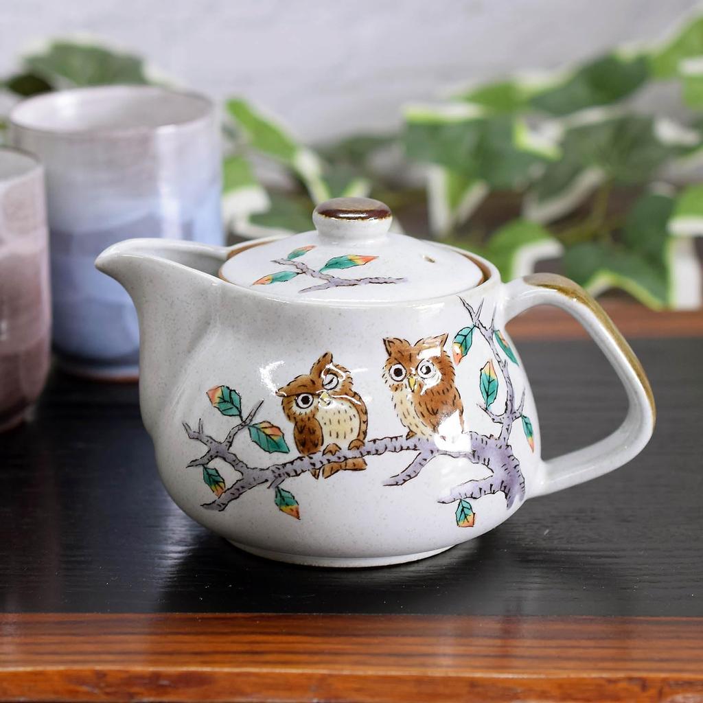 Waza no Kura Stylish Japanese Tableware Kutani Ware Teapot with Owl Design and Tea Strainer Ceramic Brand Made in Japan Perfect for Birthday Gifts -