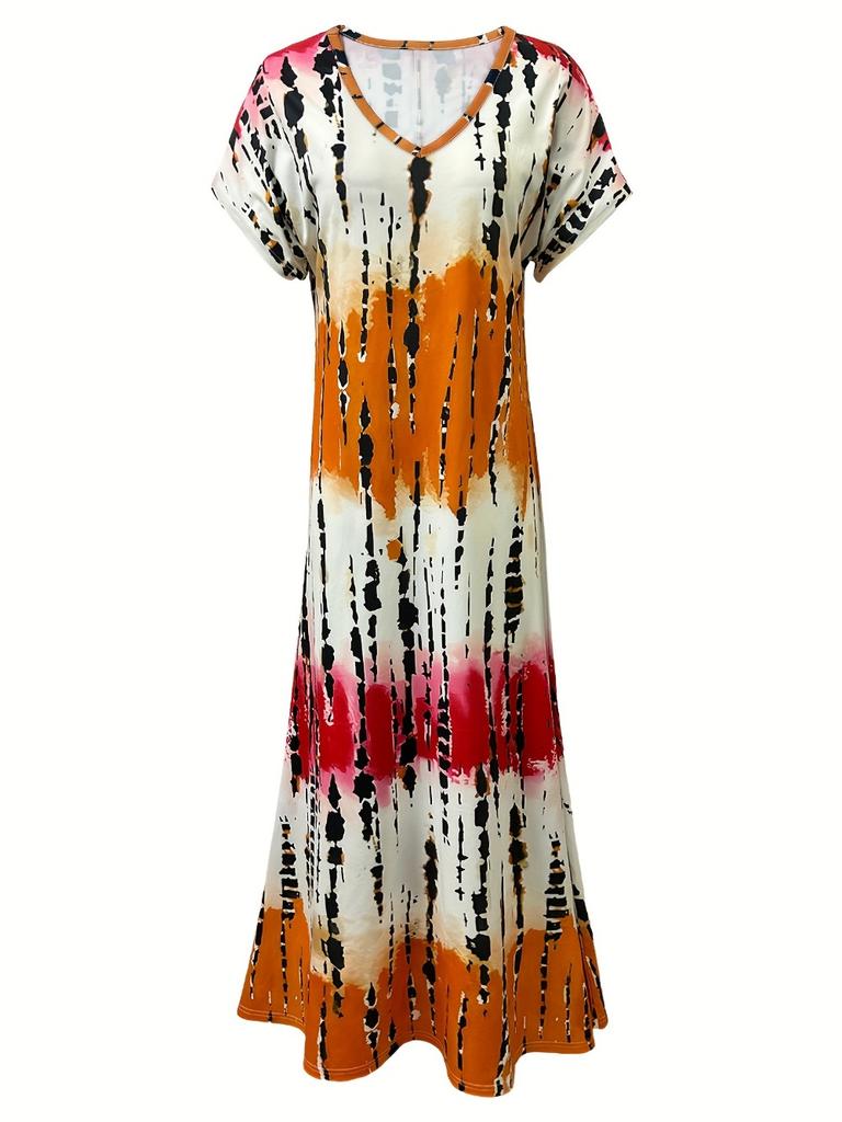 Φόρεμα V-λαιμόκοψη Tie Dye, Κομψό Φόρεμα με Σκίσιμο και Κοντό Μανίκι Για Άνοιξη & Καλοκαίρι, Γυναικεία Ρούχα