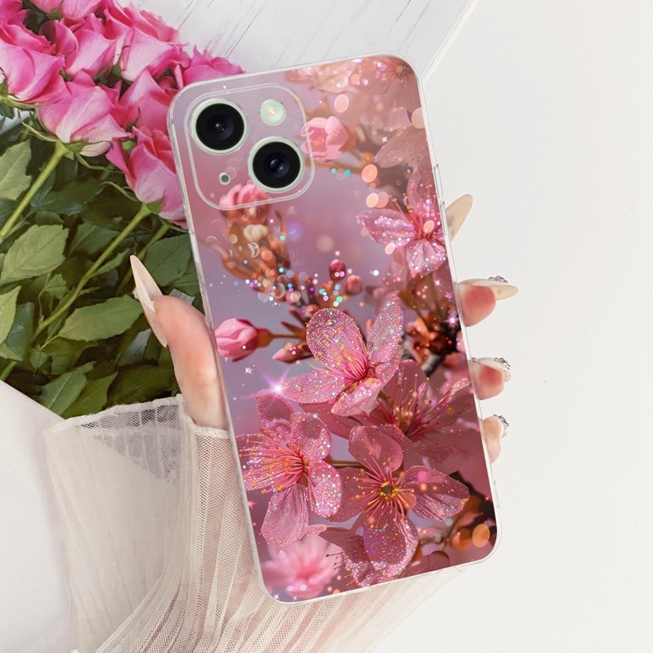 Silicone Case For iPhone 15 Pro Max Cover Stylish Flower Soft TPU Capa Protective Phone Covers For iPhone 15 15Plus 15Pro Bumper
