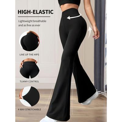 Pantaloni svasati a vita alta da donna - Pantaloni elasticizzati in poliestere nero con addominoplastica, vestibilità snellente e design traspirante, adatti per abbigliamento casual