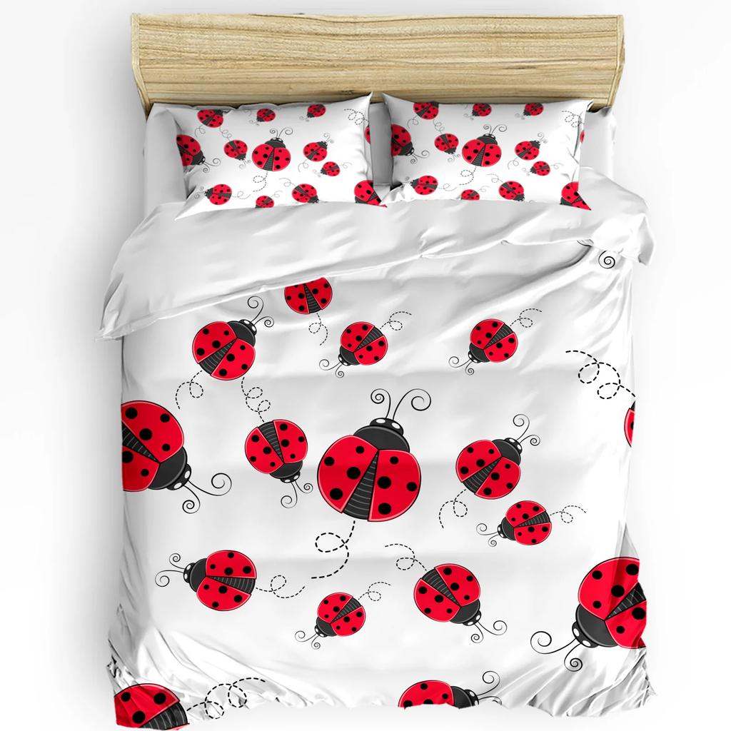 Marienkäfer-Bettwäsche-Set, Bettbezug, Kissenbezüge, Marienkäfer mit gepunkteten Flügeln, Wirbel und Kurven, Bettwäsche-Set für Doppelbett