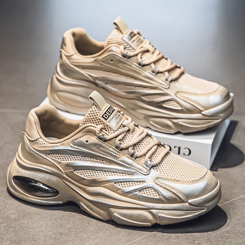 2025 autumn and winter new mesh breathable sports shoes wipe old mesh casual shoes thick sole heightening dad shoes men's shoes