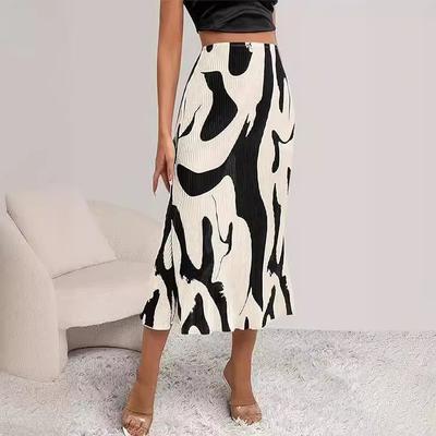 Casual Graphic Print Plissee Lange Röcke Frauen Herbst Mode Elastische Hohe Taille Geometrie Midi Rock Streetwear