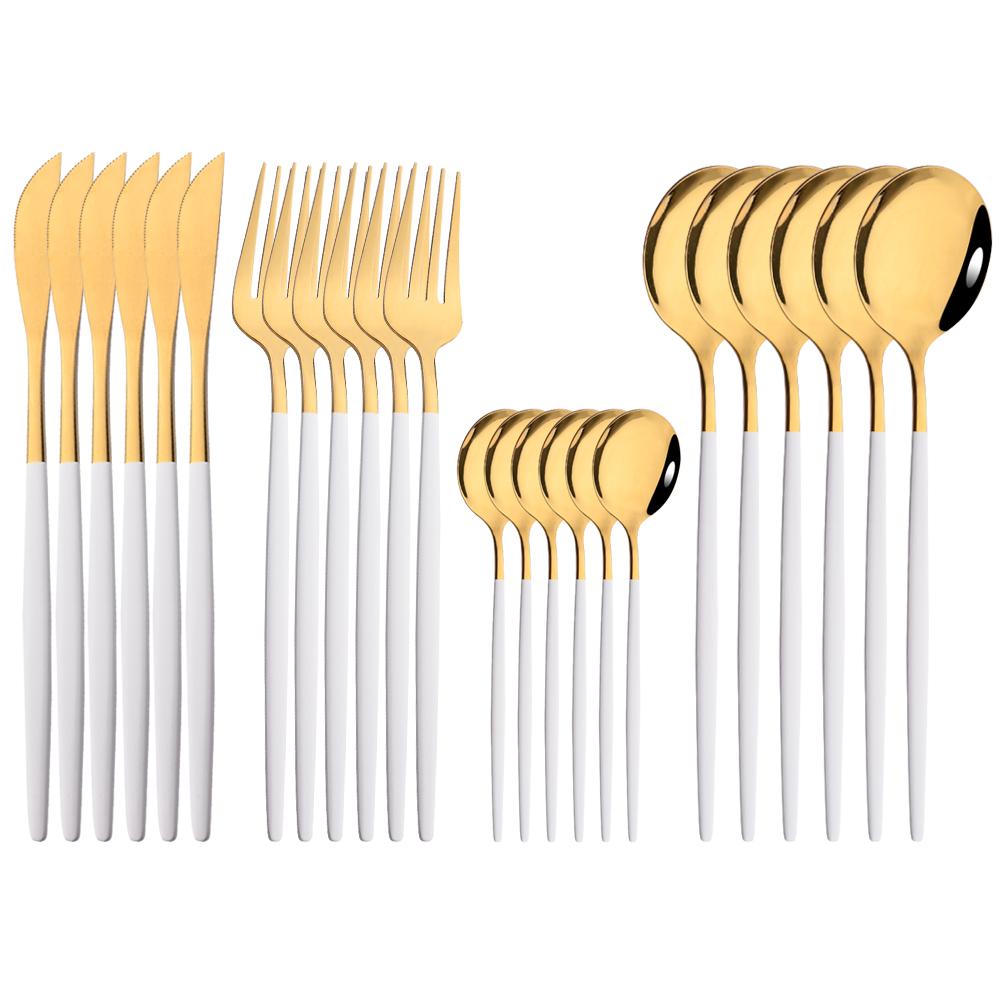 24Pcs Mirror Gold Dinnerware Cutlery Set Stainless Steel Kitchen Flatware Knife Fork Coffee Spoon Home Tableware Silverware Set