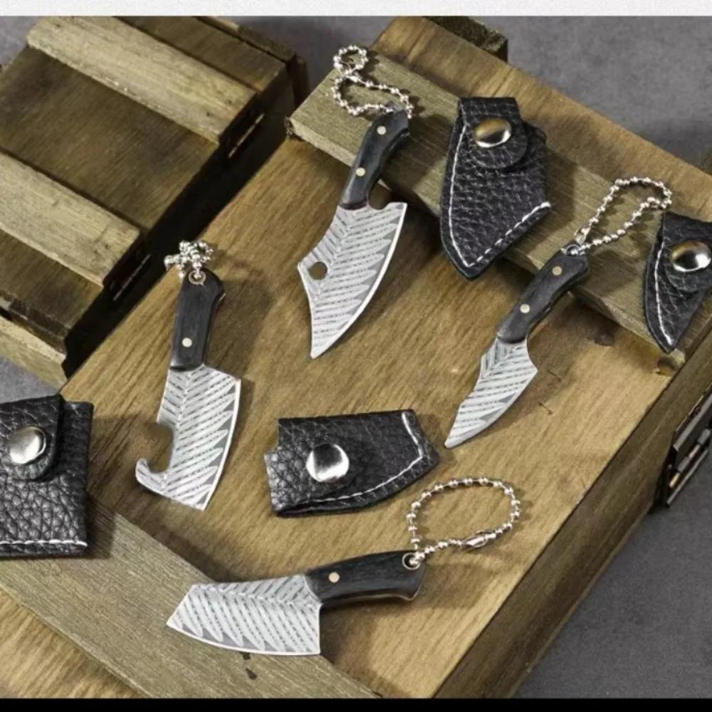 New Mini Wooden Handle Knife Outdoor Camping Open Box with Chain Portable EDC Key Knife with Leather Sheath Chain