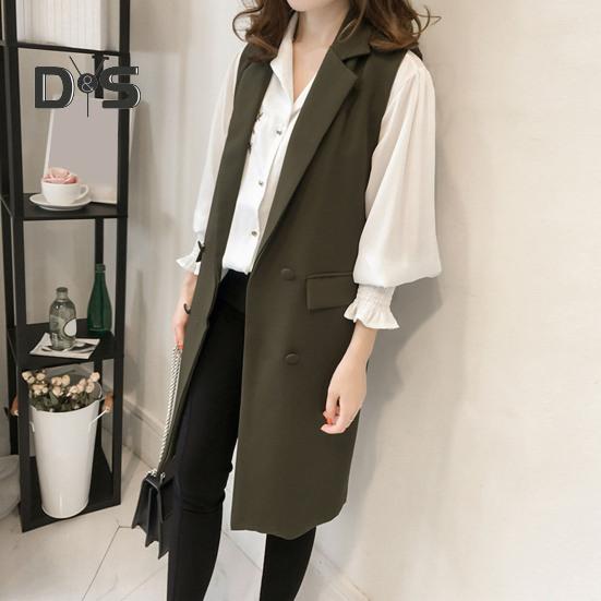 Høst Vår Dame Vest Nedrekket Krage Dobbeltspent Løs Ermeløse Knelengde Lommer Cardigan Ensfarget Daglig slitasje Vest Frakk