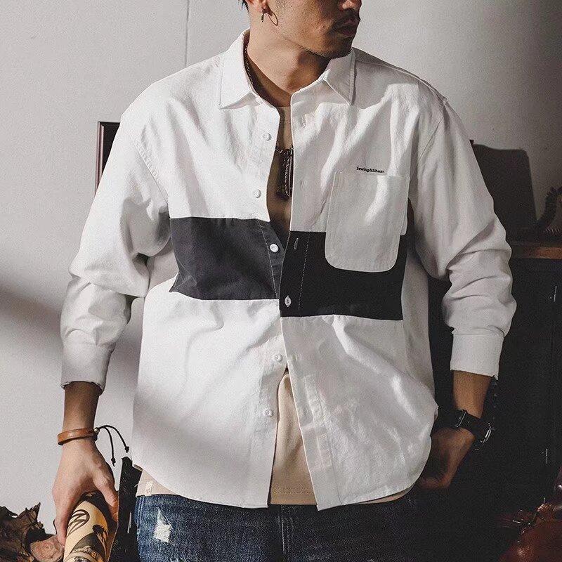 

Мужская рабочая рубашка с цветными блоками, свободная красивая повседневная универсальная рубашка с длинными рукавами, куртка прилива 5XL белый