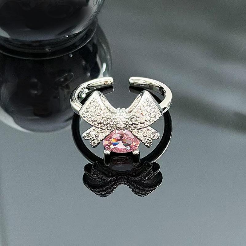 Sweet And Cool Style Bow Full Of Diamonds, Zircon Ring, Open Finger, Women'S Fashion Index Finger Ring, Stacked With Niche Rings