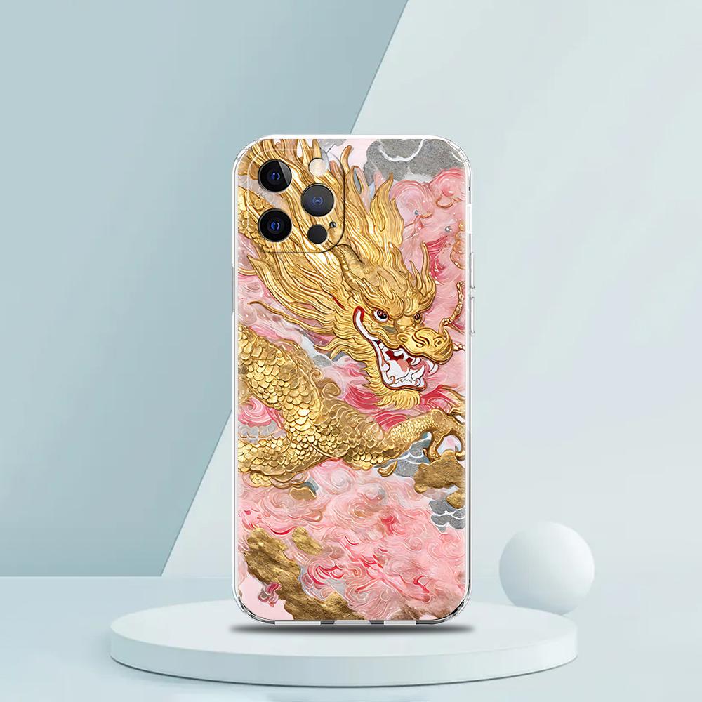 Für iPhone 15 16 14 13 12 mini 11 Pro Max XS X XR SE 7 8 Plus Silikon Klare Hülle Illusionäre Farbe Chinesischer Drache Handyhülle