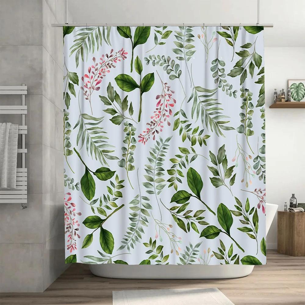 Green Plant Leaf Shower Curtain, Watercolor Floral Bath Mat Decor, Pink White Green Waterproof Fabric curtain for bathroom 60x72