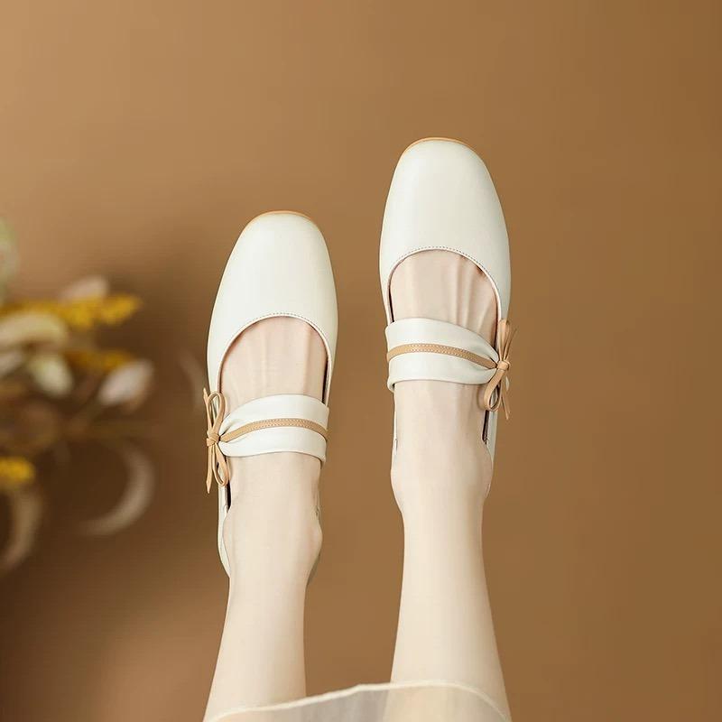 Fashion Vintage Square Toe Bowknot Decoration Pu Mary Jane Shoes Women 2025 New Summer Medium Heel Dress Pumps Elegant Autumn Office