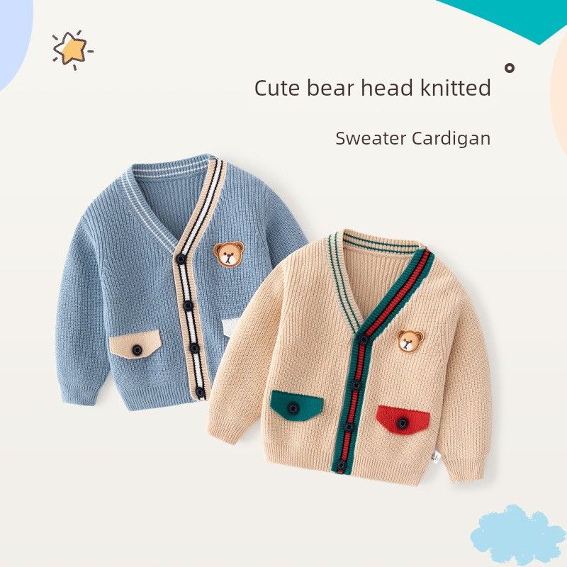 Children's Clothing Spring and Autumn Child Bear Sweater Baby Cardigan Outwear Girl's Knitted Shirt Boy V Neck Sweater