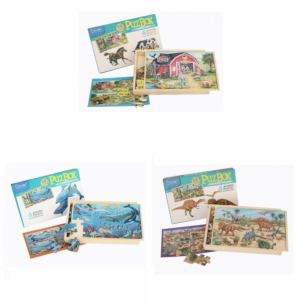 Holzpuzzle-Set mit Vier-in-einem-Transport- und Dinosaurier-Themen für Kinder zum Lernen und Spielen