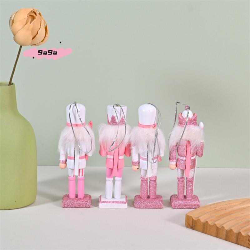 S-1/4Pcs Soldier Home Desktop Ornament Nutcracker Puppet Christmas Tree Pendant Pink Wooden Handicraft Xmas New Year Decoration