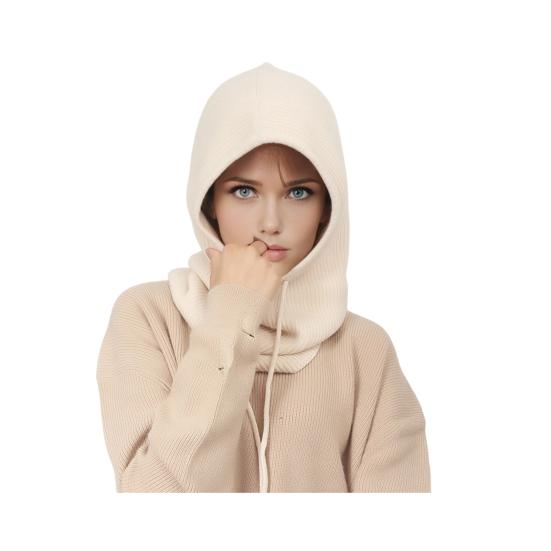 Strickmütze Schal Kombi Einfarbig Verstellbarer Kordelzug Kapuzenschal Damen Winter Warm Winddicht Elastisch Thermomütze