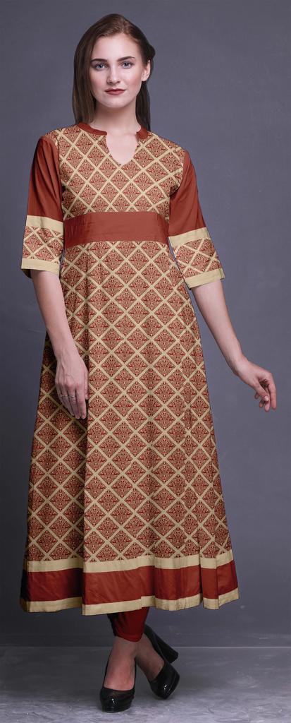 Bimba Gold Leaves & Peony Floral Printed Womens AnarkaliA  KurtiA  Kurta Flared Maxi Blouse