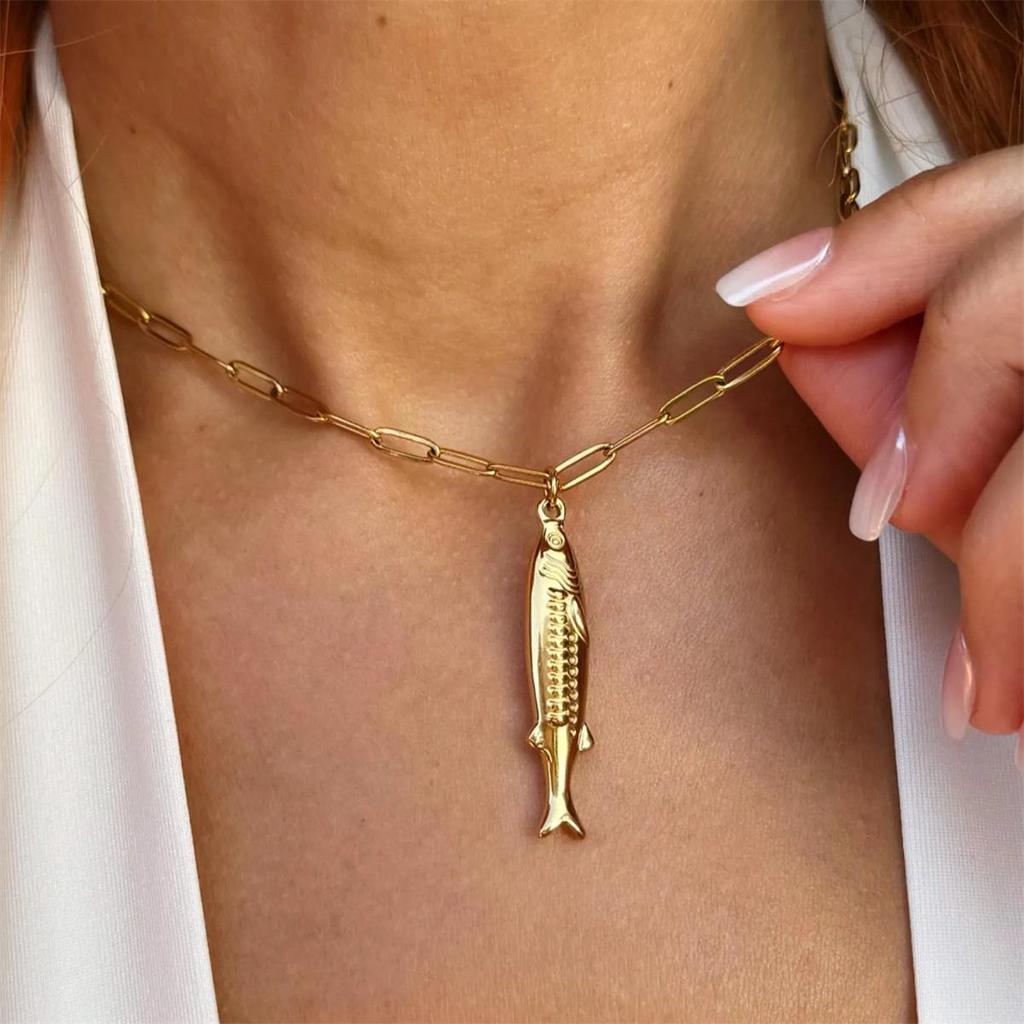 Gold-Plated Tropical Sardine Pendant Necklace - European/American Fashion Jewelry for Women