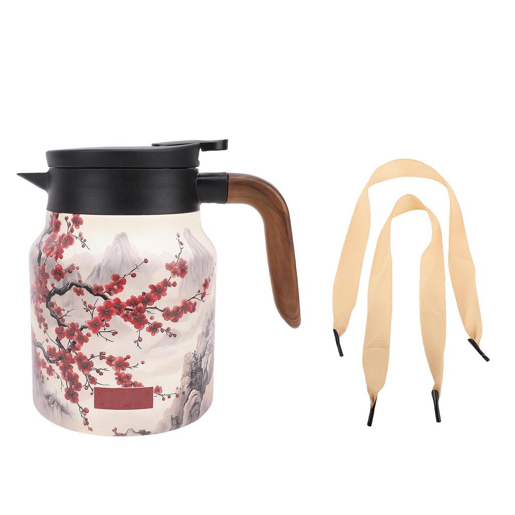 Isolierte Teekanne mit Deckel 1000ml Edelstahl Tragbare Vakuum Heißkaffeekanne mit Holzmaserung