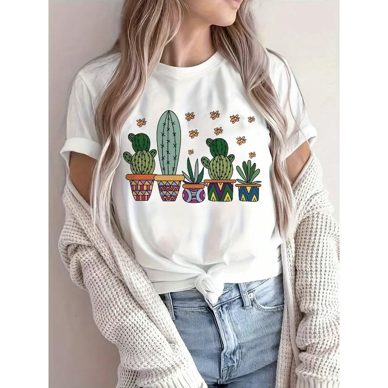 European Size Women's Cactus Graphic Print T-Shirt - Casual Crew Neck Short Sleeve Tee with Color Block Design - Polyester