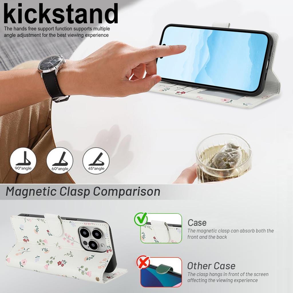 For iPhone 16 Pro Max Wallet Case Rhombic Floral Design Leather Flip Phone Cover with Strap