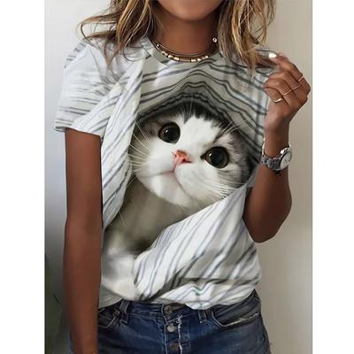 Dames top zomer kat 3D print T-shirt korte mouw ronde hals losse T-shirts