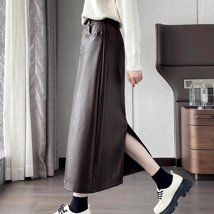 Split leather skirt skirt women's autumn pear-shaped figure slim pu hip-wrapped long skirt high waist straight skirt