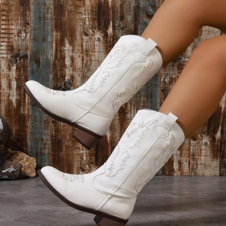 Plus Size Women's Long Boots 2025 New Arrival High-Top Boots High-Heel Boots White Western Cowboy Riding Boots