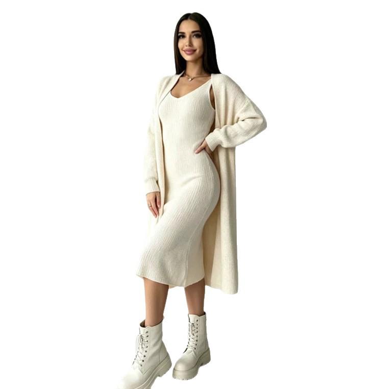 Knitted Suspender Dress European and American New Fashion Casual Cardigan Jacket Long Two-piece Hip Skirt Women