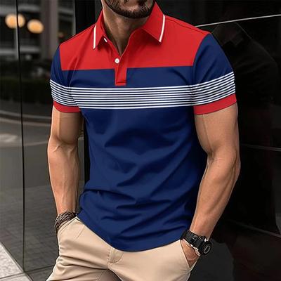 Nueva Moda Masculina Casual Deportiva Cuello Camisero Manga Corta Camiseta Camisa POLO Bloques de Color Tops