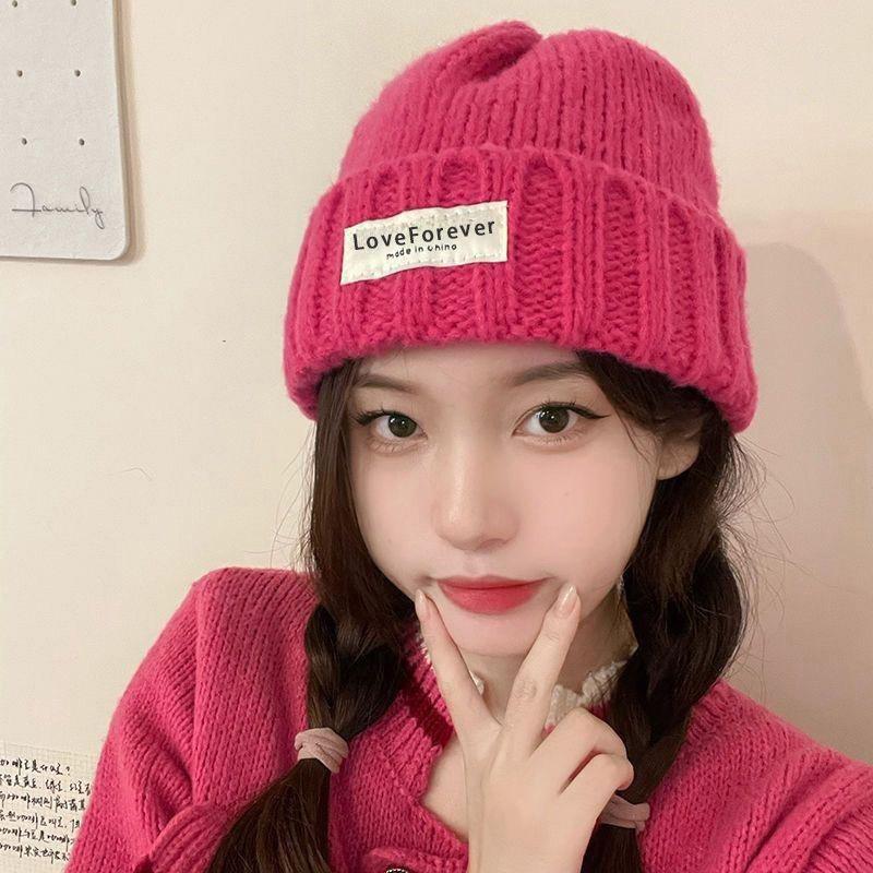 Korean Style Brand Letter Patch Wool Hat for Women Autumn and Winter Japanese Versatile Warm Knitted Hat Couple Student Pullover Hat