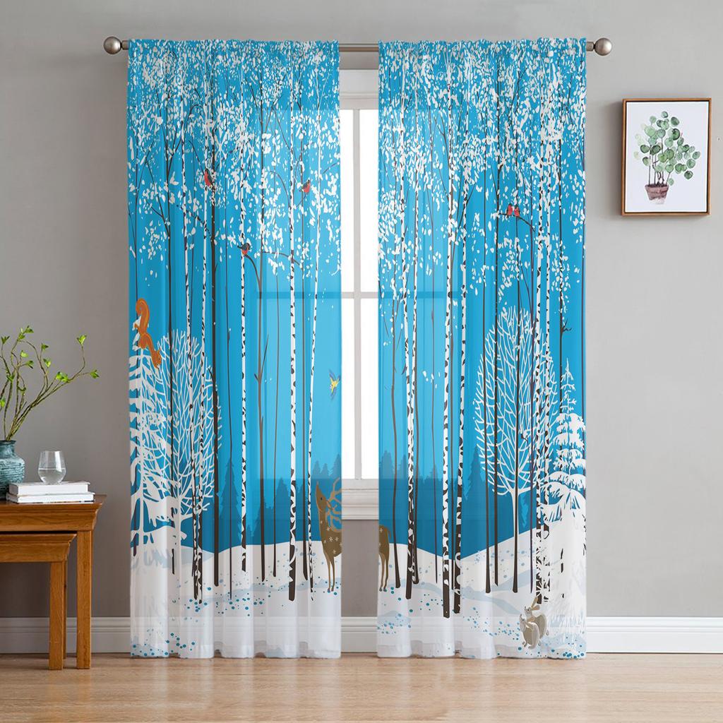 Color Butterfly Birch Forest Chiffon Sheer Curtains for Living Room Bedroom Home Decoration Window Voiles Tulle Curtain
