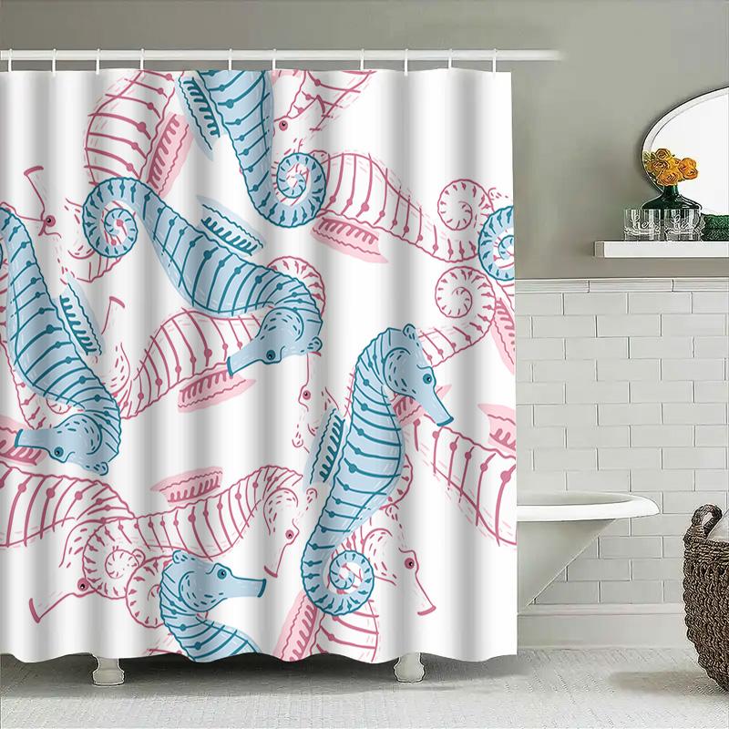 Ozeanisches Seepferdchen Badevorhang Rosa Blau Gemustert Duschvorhang für Badezimmerdekorationen