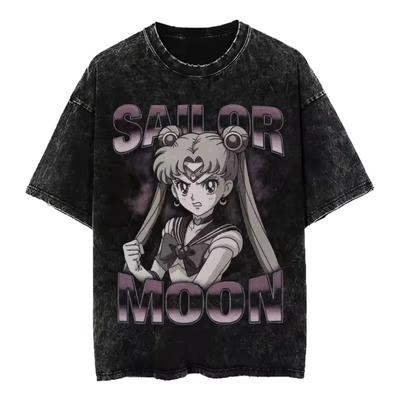Sailor Moon Gewaschenes Retro Herren T-Shirt Sommer Neu Retro Mode Herren und Damen Street Y2K Kleidung T-Shirt